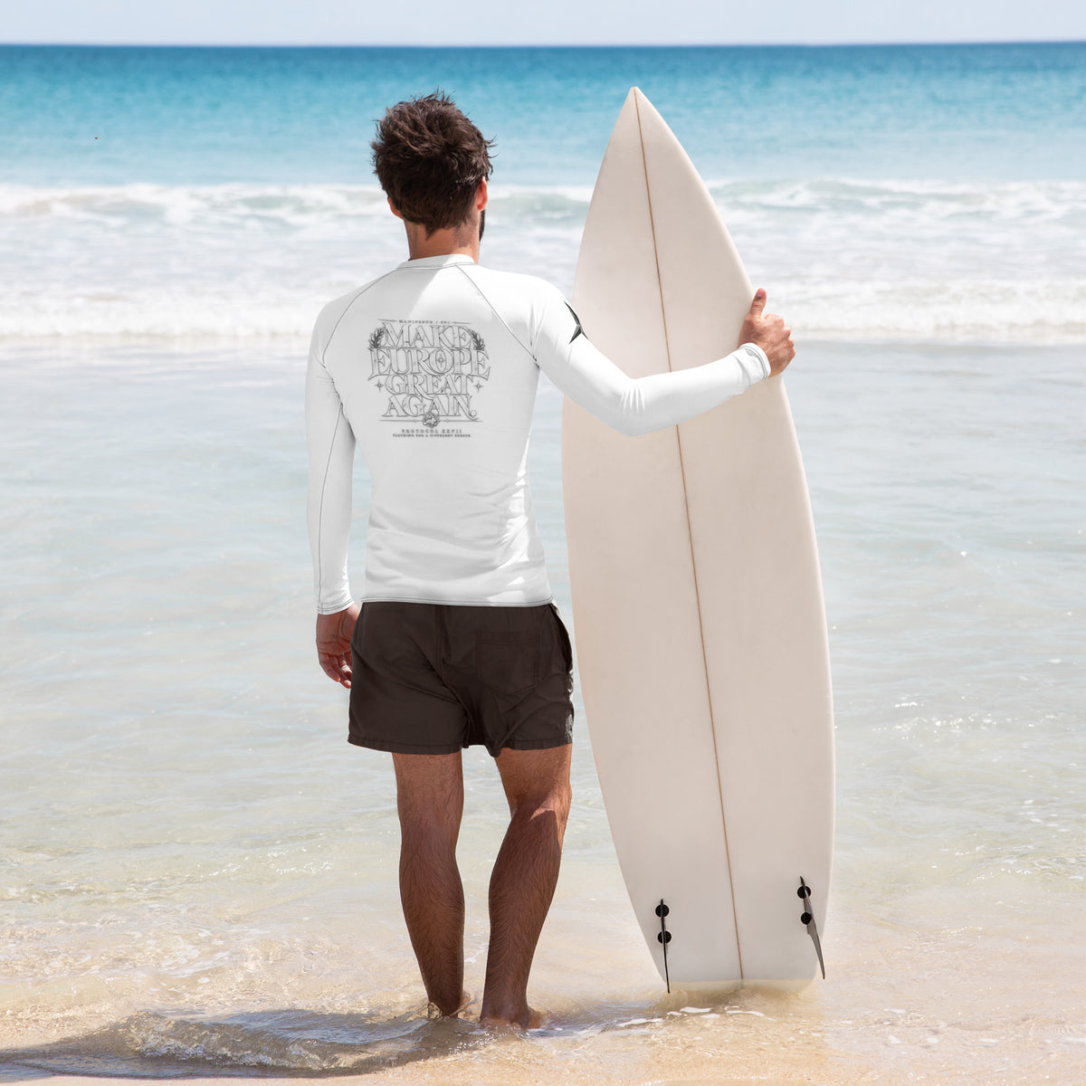 White and black technical rash guard by PROTOCOL XXVII, back view