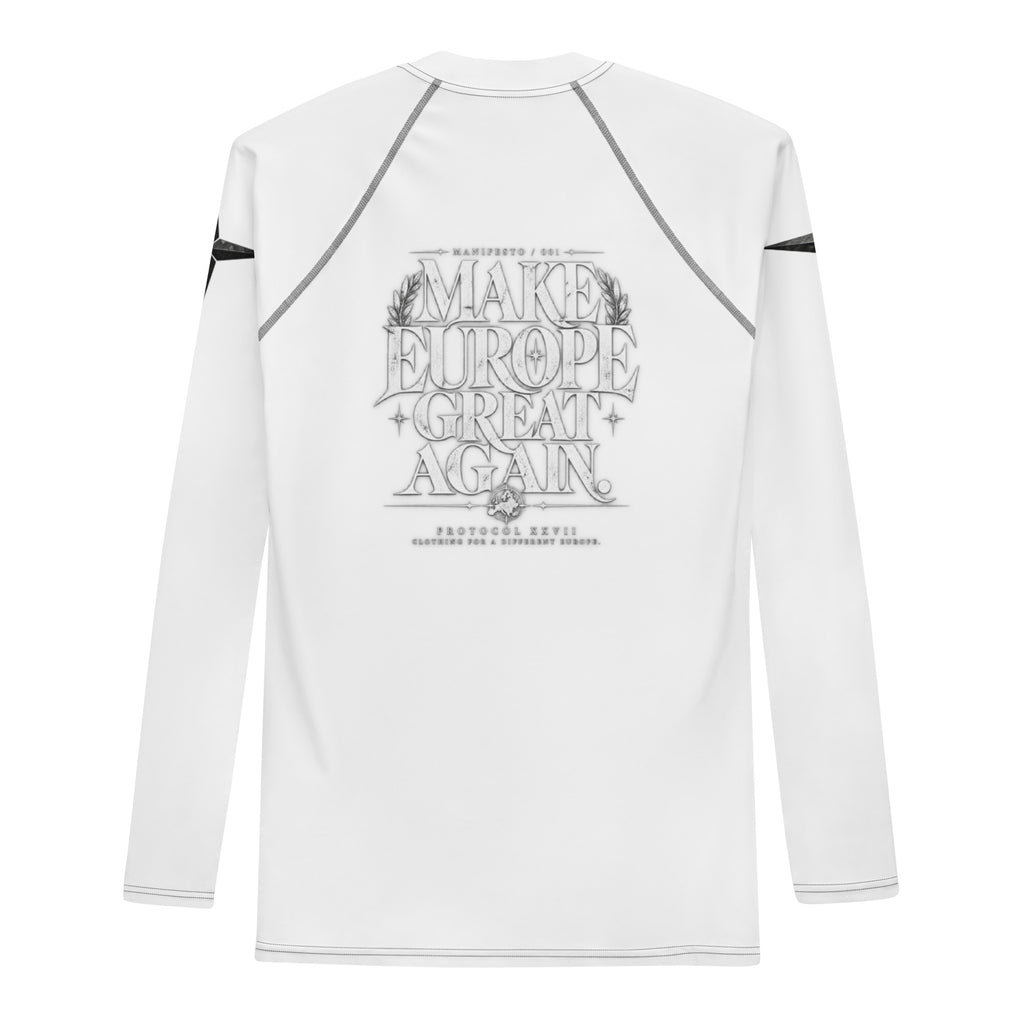 White and black technical rash guard by PROTOCOL XXVII, back view