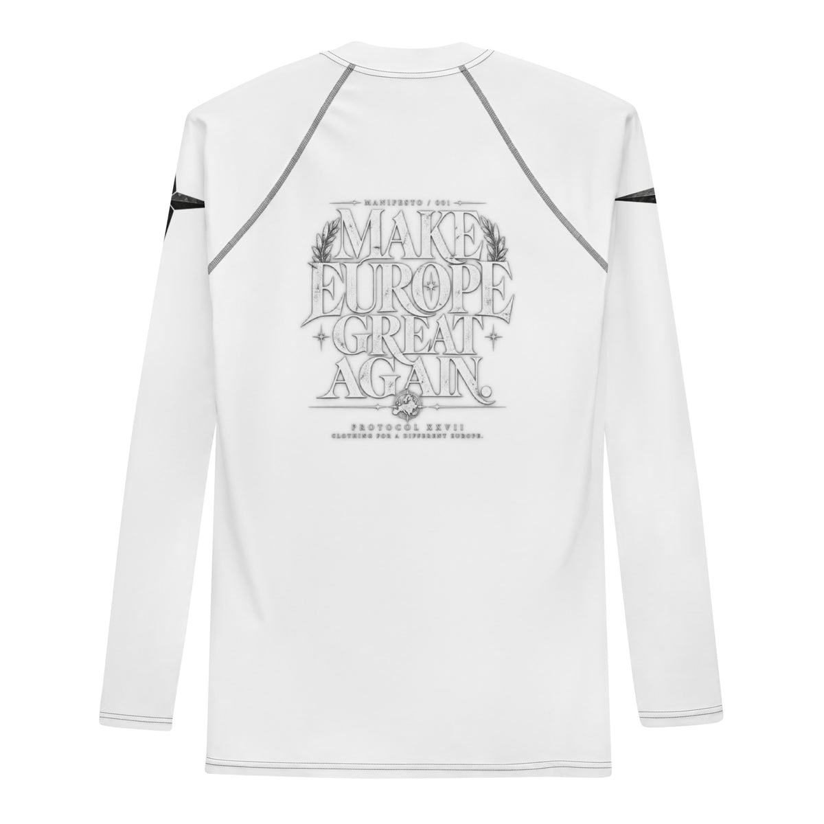 White and black technical rash guard by PROTOCOL XXVII, back view