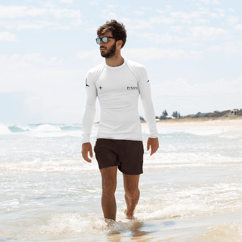 White and black technical rash guard by PROTOCOL XXVII, front view