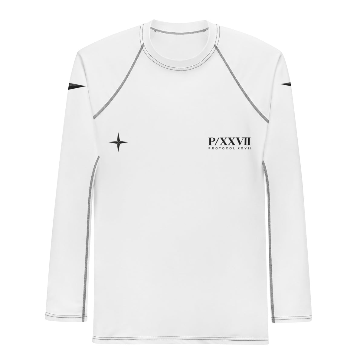 White and black technical rash guard by PROTOCOL XXVII, front view