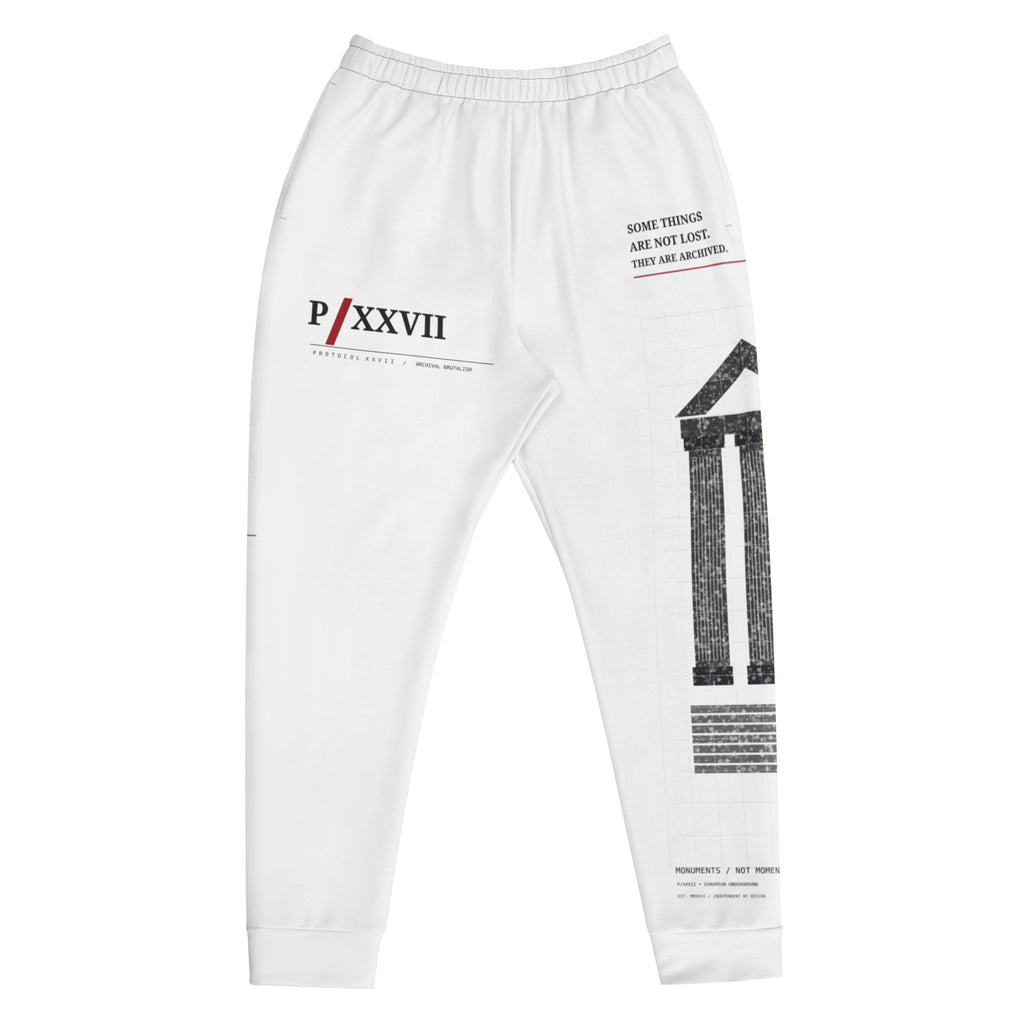 White recycled graphic joggers by PROTOCOL XXVII, front view