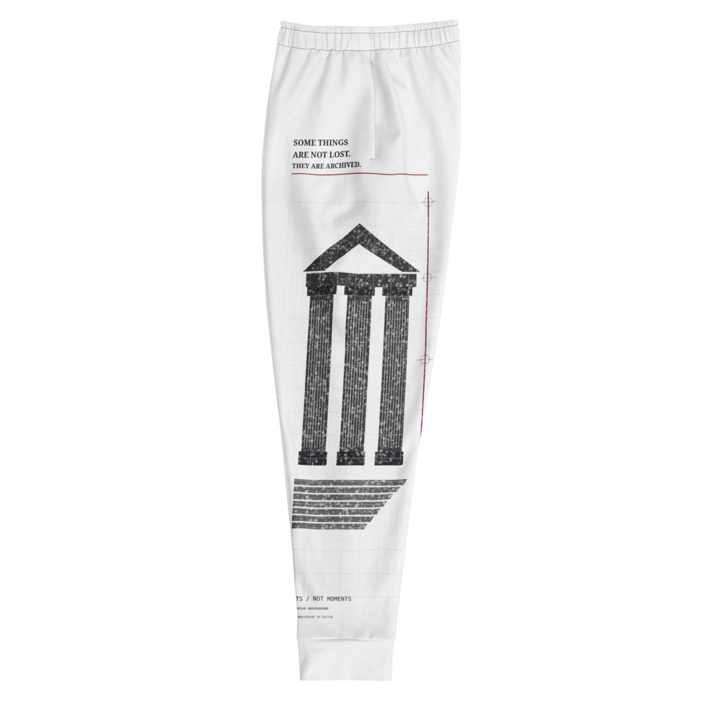 White recycled graphic joggers by PROTOCOL XXVII, left side view