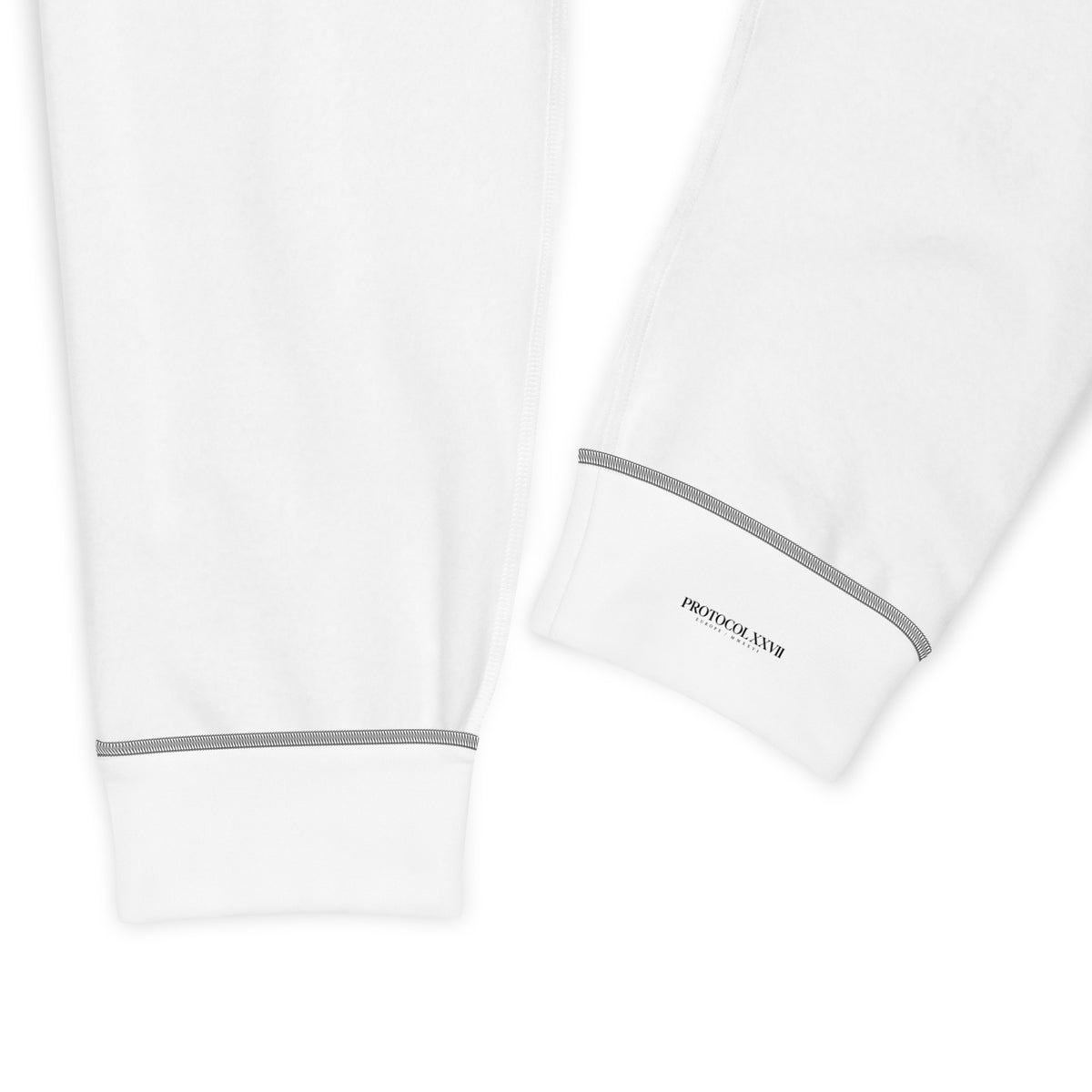 White recycled graphic joggers by PROTOCOL XXVII, fabric and design detail