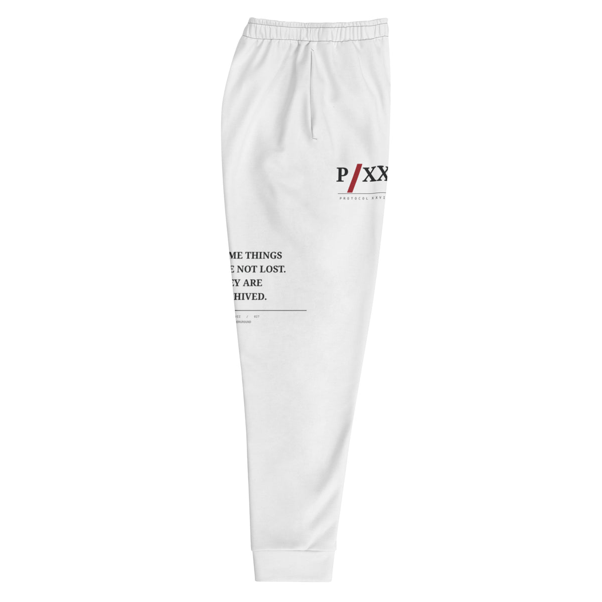 White recycled graphic joggers by PROTOCOL XXVII, right side view