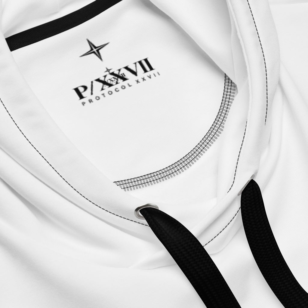 PROTOCOL XXVII ISSUE 014 — WHITE CIRCUIT, бял суитшърт с качулка и графики, детайл на дрехата и принта