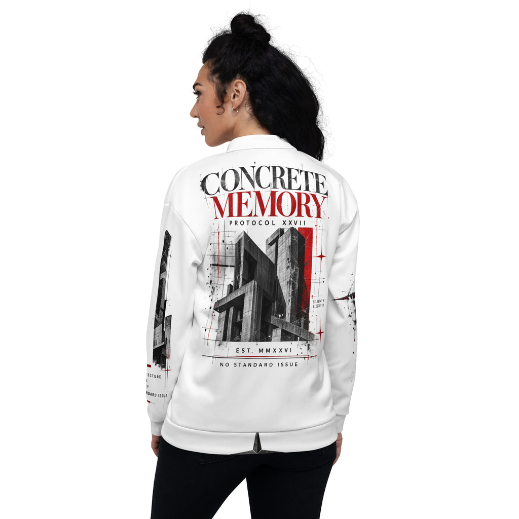 White graphic bomber jacket by PROTOCOL XXVII, back view