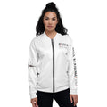 White graphic bomber jacket by PROTOCOL XXVII, front view