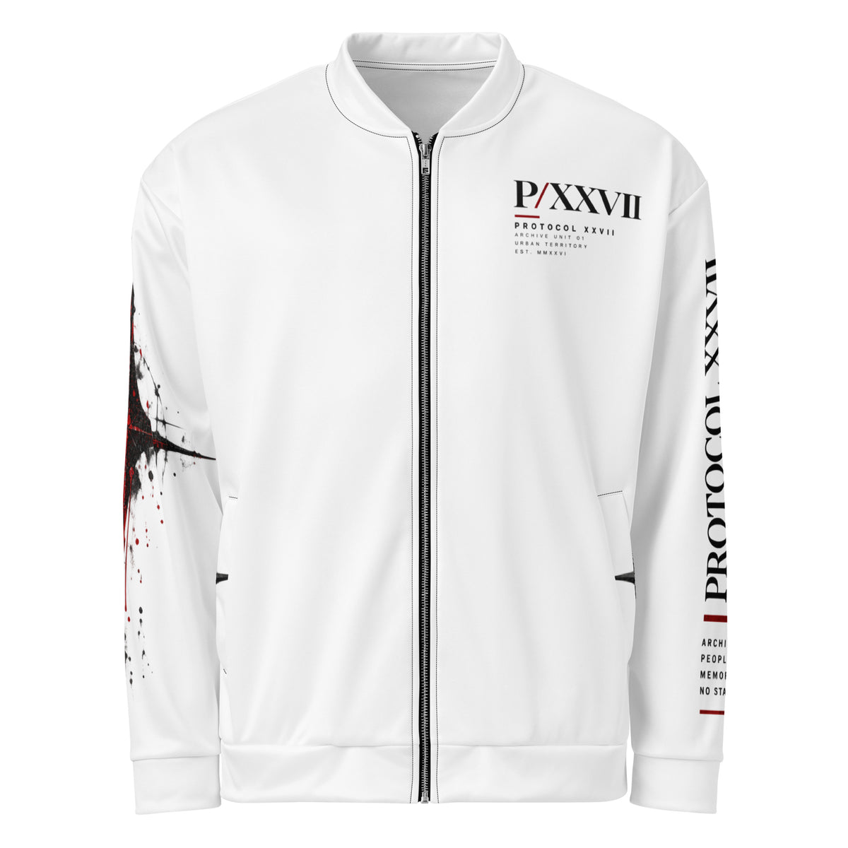 White graphic bomber jacket by PROTOCOL XXVII, front view
