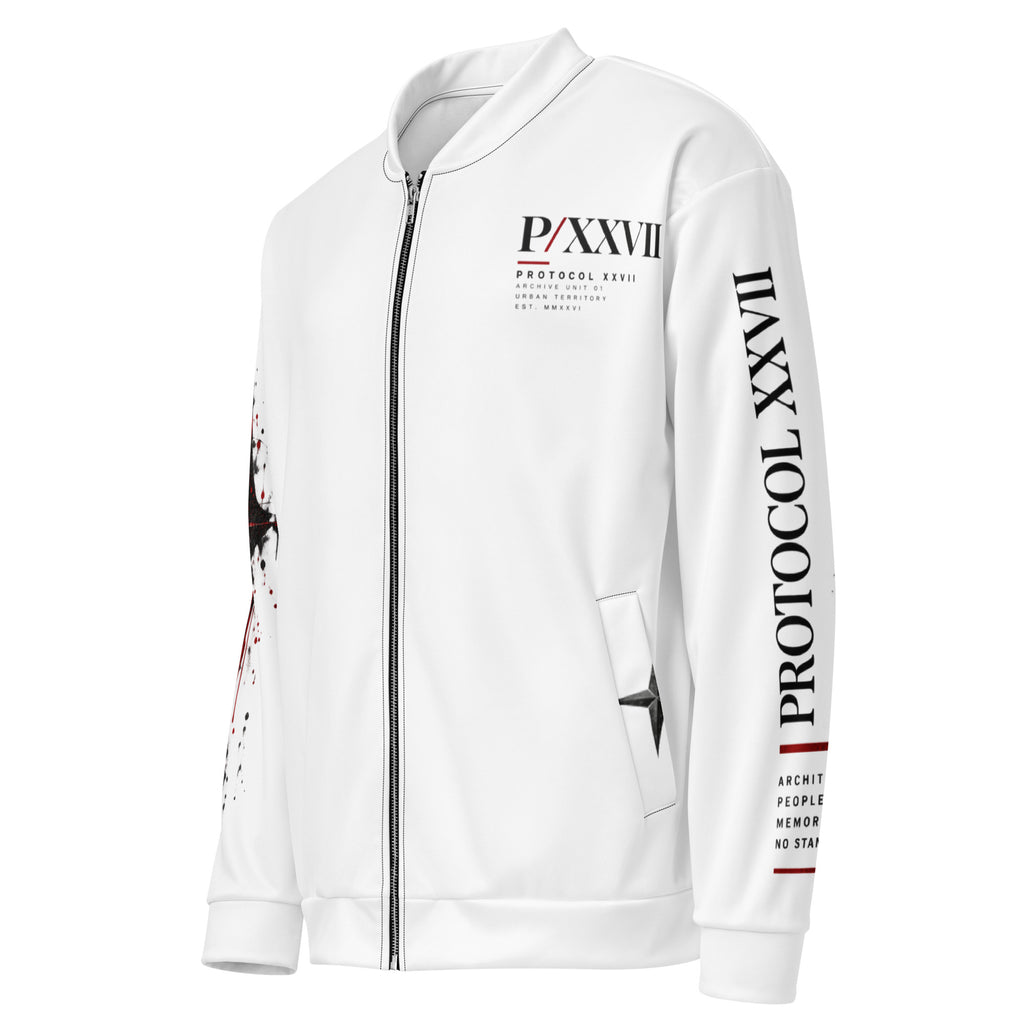 White graphic bomber jacket by PROTOCOL XXVII, left front view