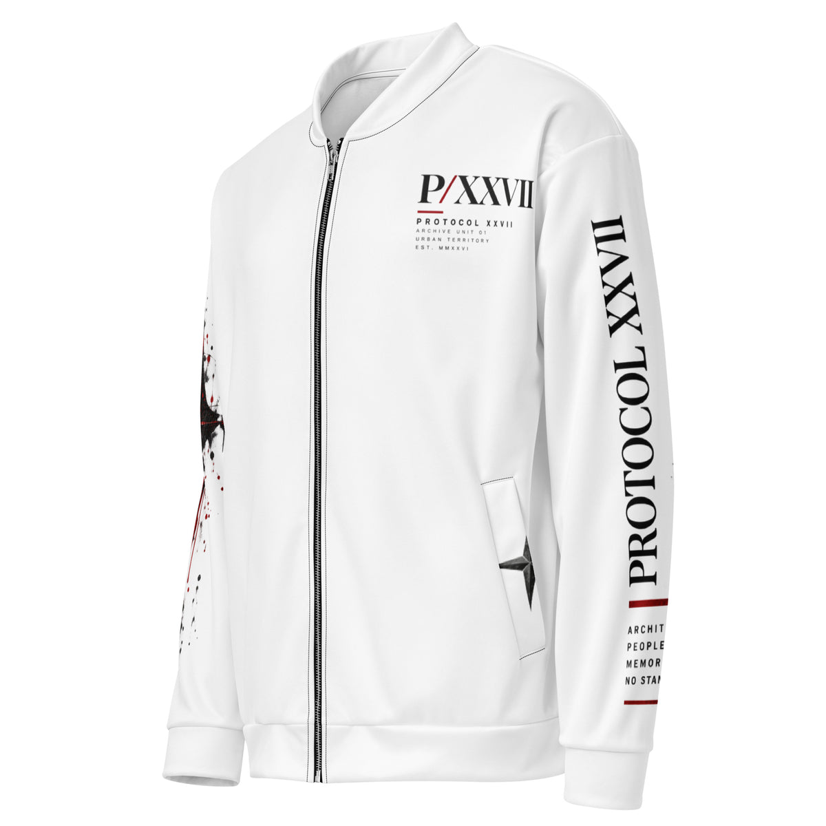 White graphic bomber jacket by PROTOCOL XXVII, left front view