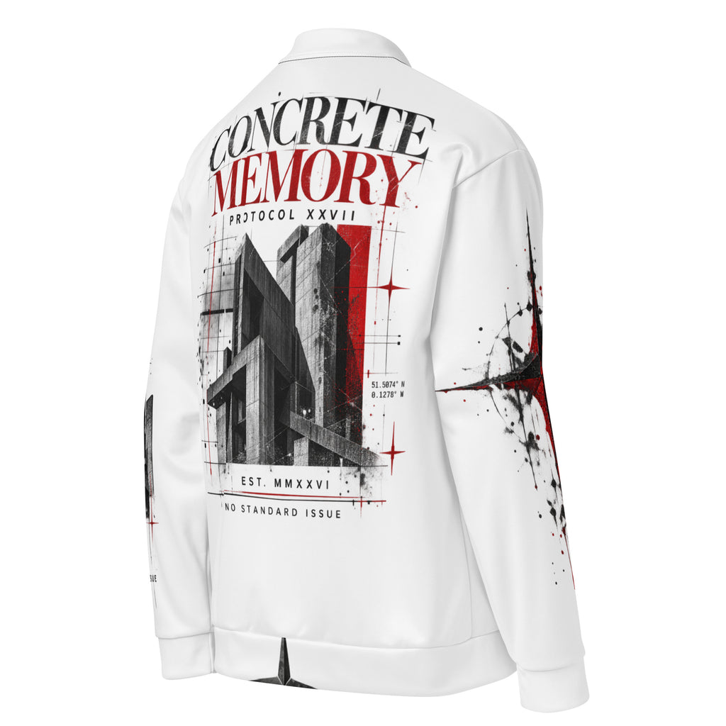 White graphic bomber jacket by PROTOCOL XXVII, right back view