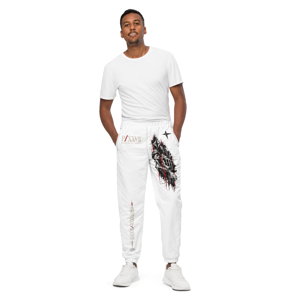 Black technical track pants by PROTOCOL XXVII, front view