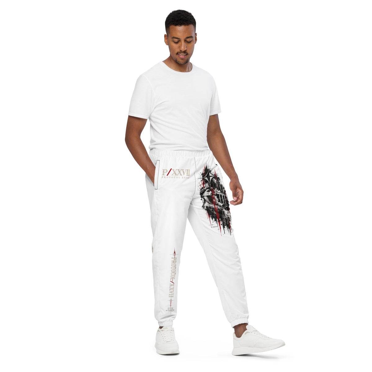 Black technical track pants by PROTOCOL XXVII, right front view