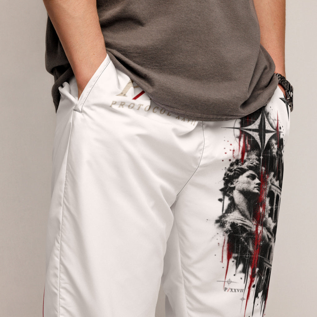 Black technical track pants by PROTOCOL XXVII, close-up detail