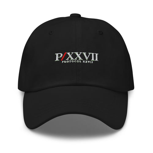 PROTOCOL XXVII ISSUE 005 — ARCHIVE CAP, черна шапка с козирка и бродерия, изглед отпред
