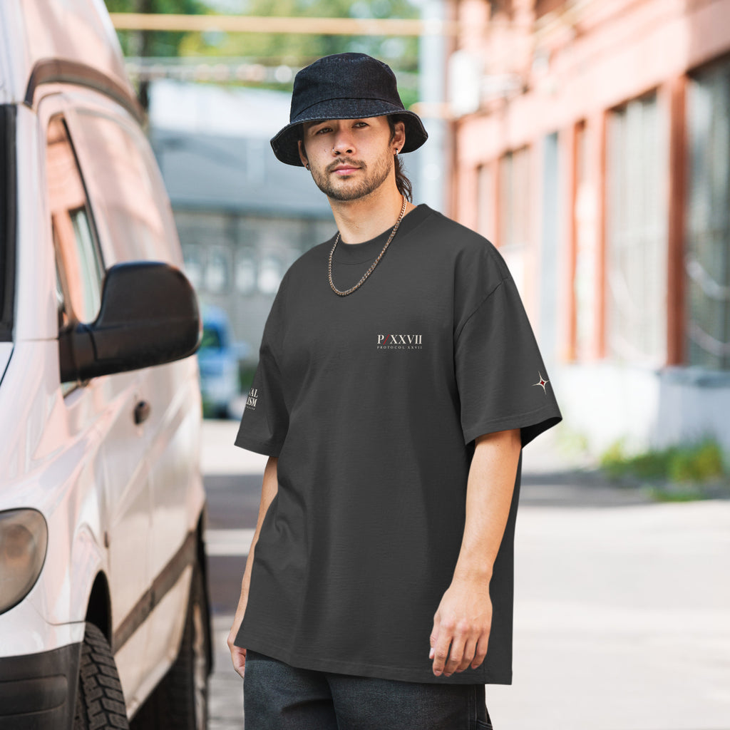 Faded black oversized T-shirt by PROTOCOL XXVII, front view