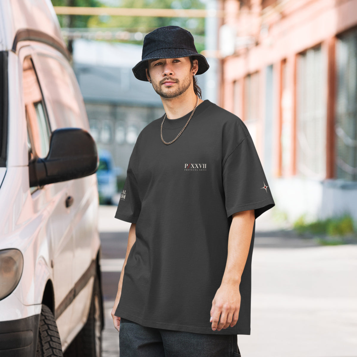 Faded black oversized T-shirt by PROTOCOL XXVII, front view