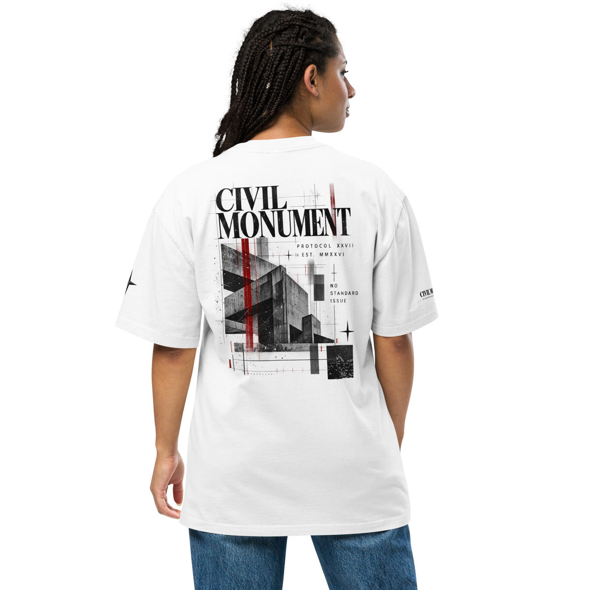 White embroidered oversized T-shirt by PROTOCOL XXVII, back view