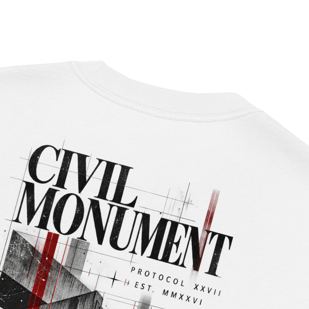 White embroidered oversized T-shirt by PROTOCOL XXVII, fabric and design detail
