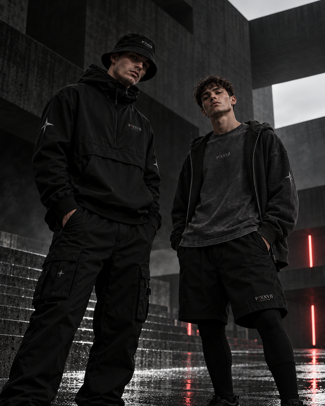 PROTOCOL XXVII Editorial-Kampagne mit zwei männlichen Models in schwarzer Streetwear