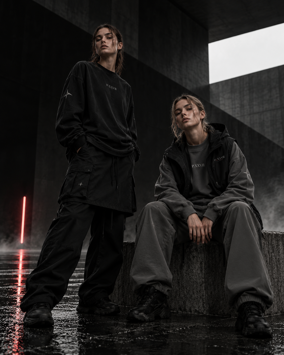 PROTOCOL XXVII Editorial-Kampagne mit zwei weiblichen Models in dunkler Streetwear