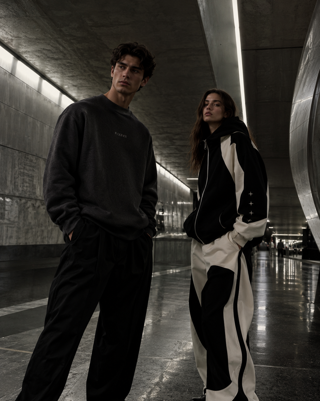 PROTOCOL XXVII Editorial-Kampagne mit zwei Models in brutalistischem Tunnel