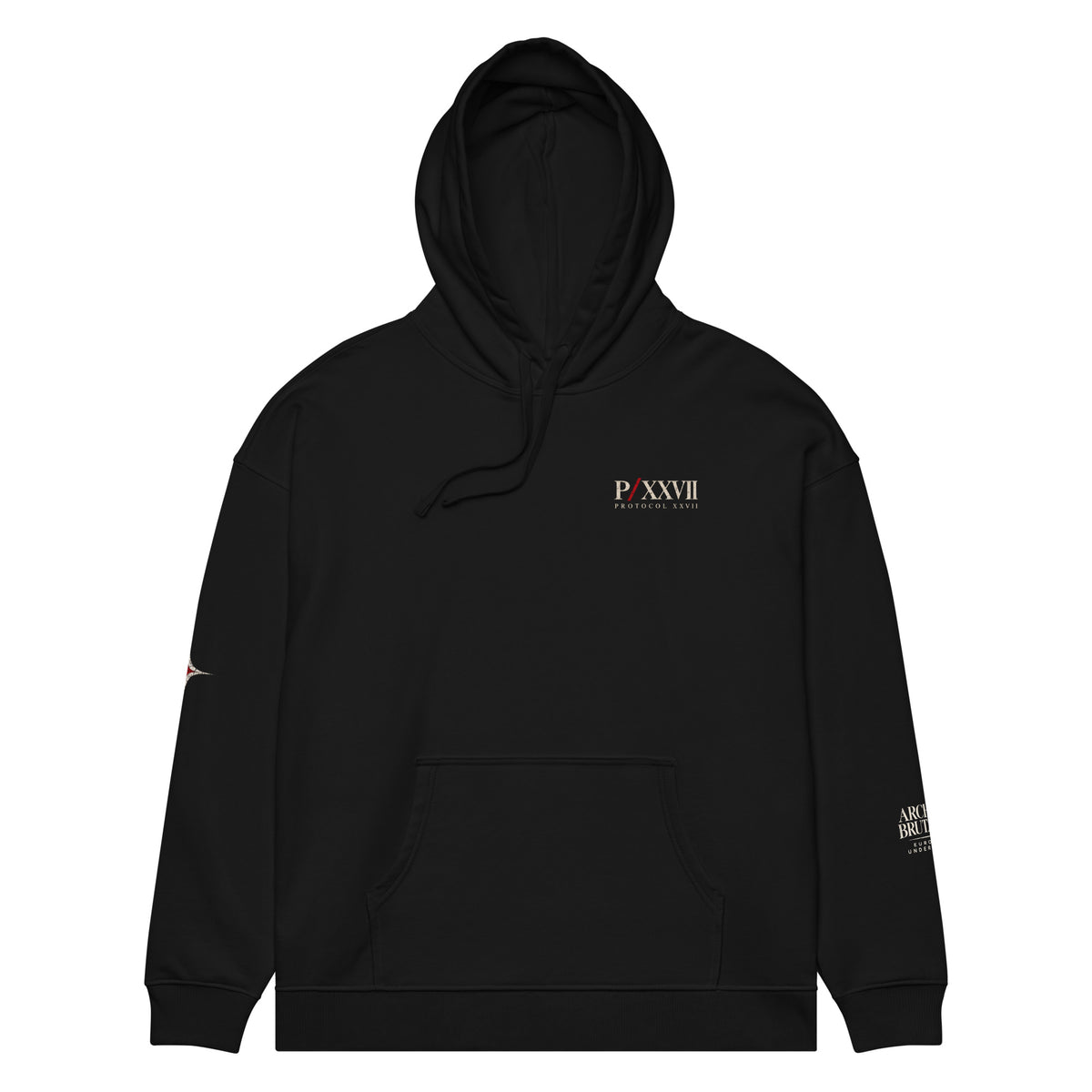 Black heavyweight hoodie by PROTOCOL XXVII, front view