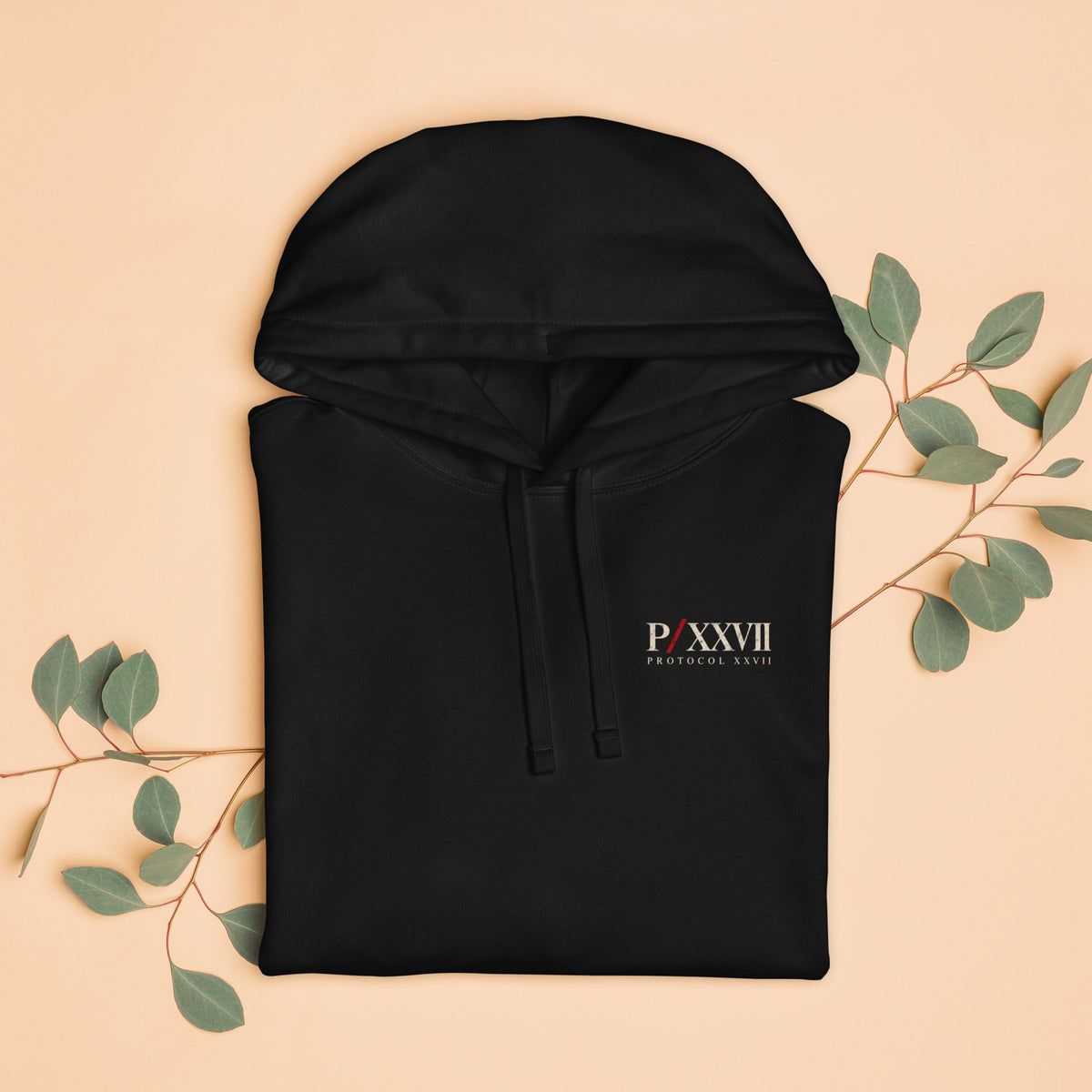 Black heavyweight hoodie by PROTOCOL XXVII, front view